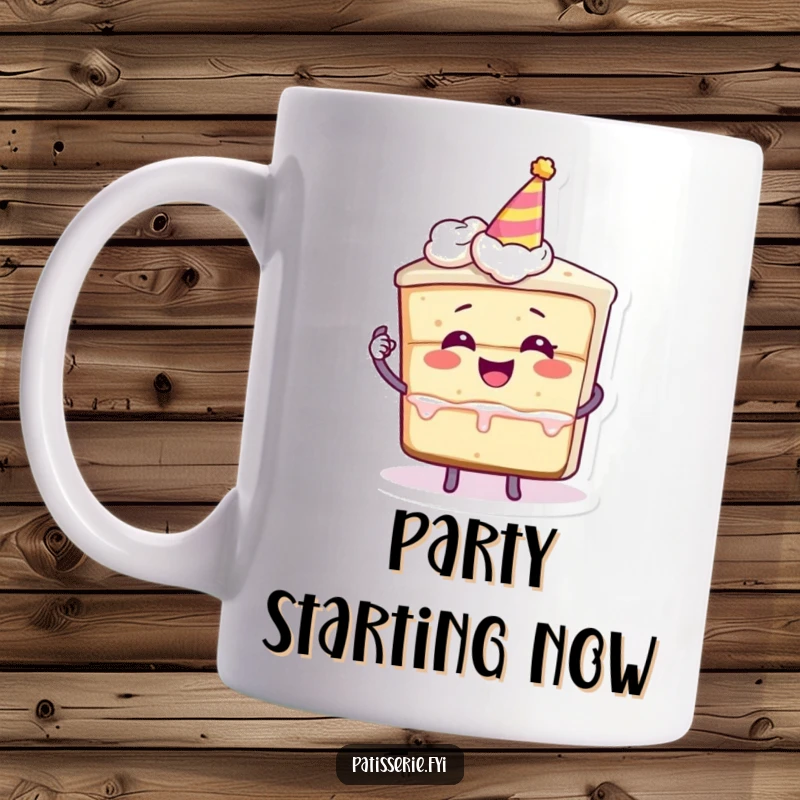 Funny mug with a slice of cake character giggling, holding a tiny party hat, embodying pure amusement and festive fun.