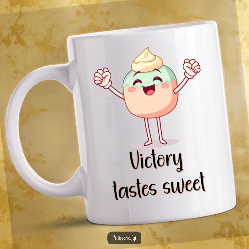 Funny mug featuring a joyous cake pop with legs doing a triumphant fist pump, celebrating a sweet success with a huge smile.