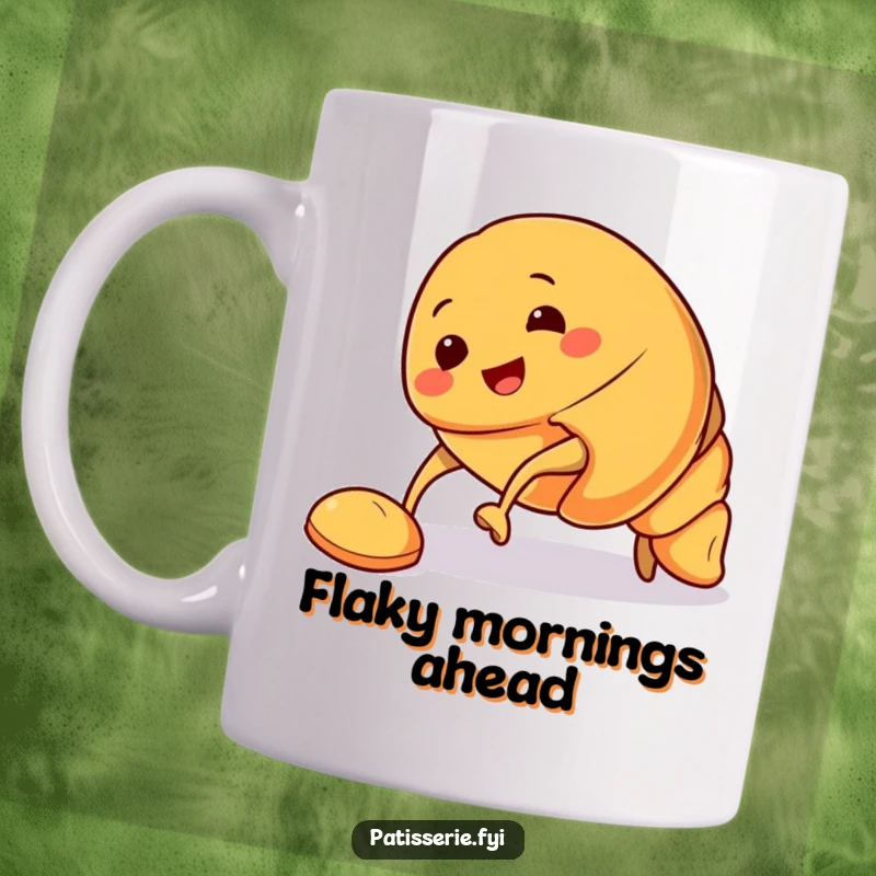 Funny Croissant Mug featuring a smiling croissant character humorously tripping over its own flaky pastry feet, embodying relatable clumsiness.