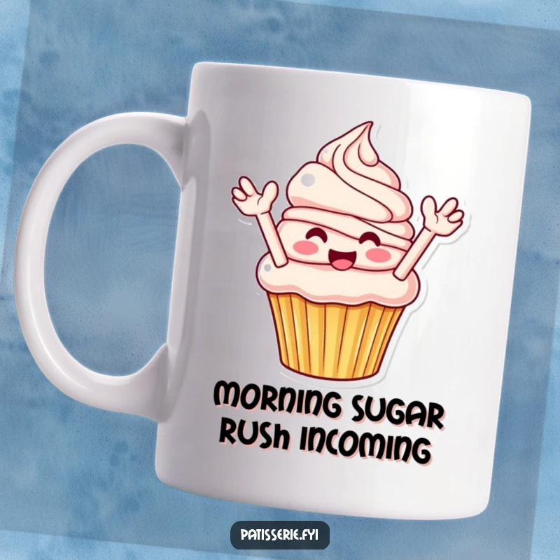 Funny Cupcake Mug: A smiling cupcake dramatically flings frosting, celebrating sweet, funny moments.