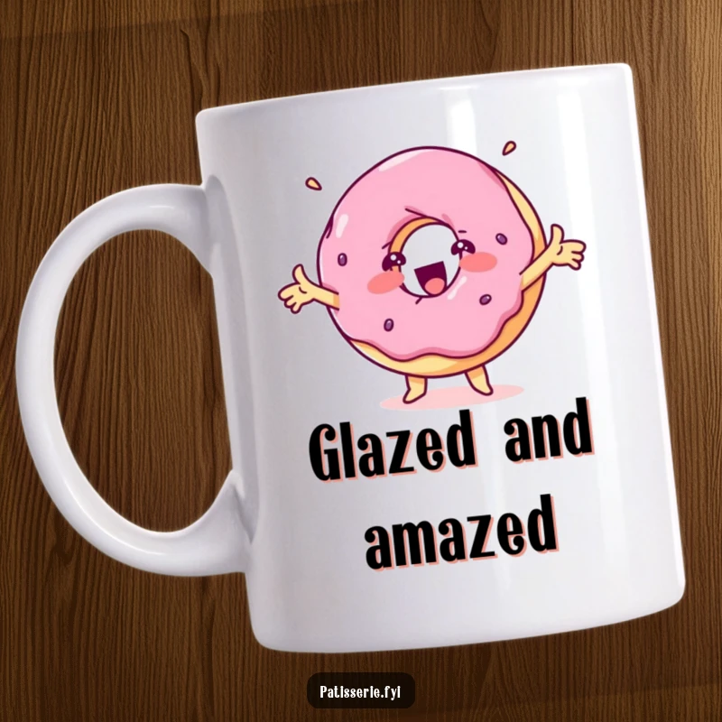 Funny delighted donut mug featuring a spinning treat character with outstretched arms, radiating pure, infectious glee.