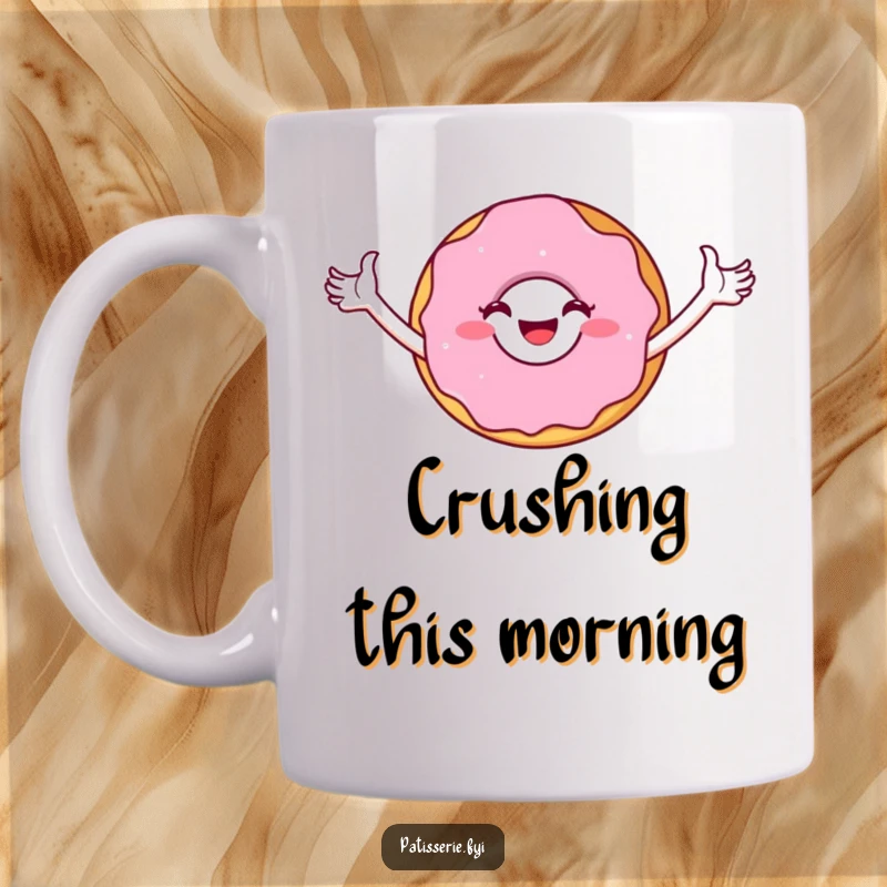 Funny Mug: A joyful donut character striking a triumphant pose with arms raised high, celebrating sweet success.