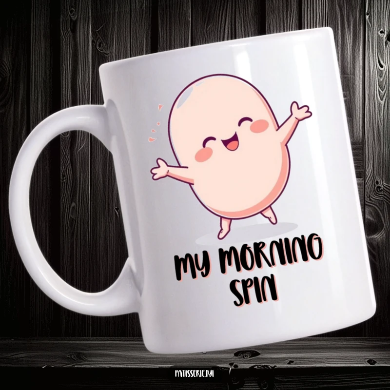 Funny Macaron Mug: A plump, happy macaron character performing a joyful cartwheel, showcasing pure, unadulterated delight and edible amusement.