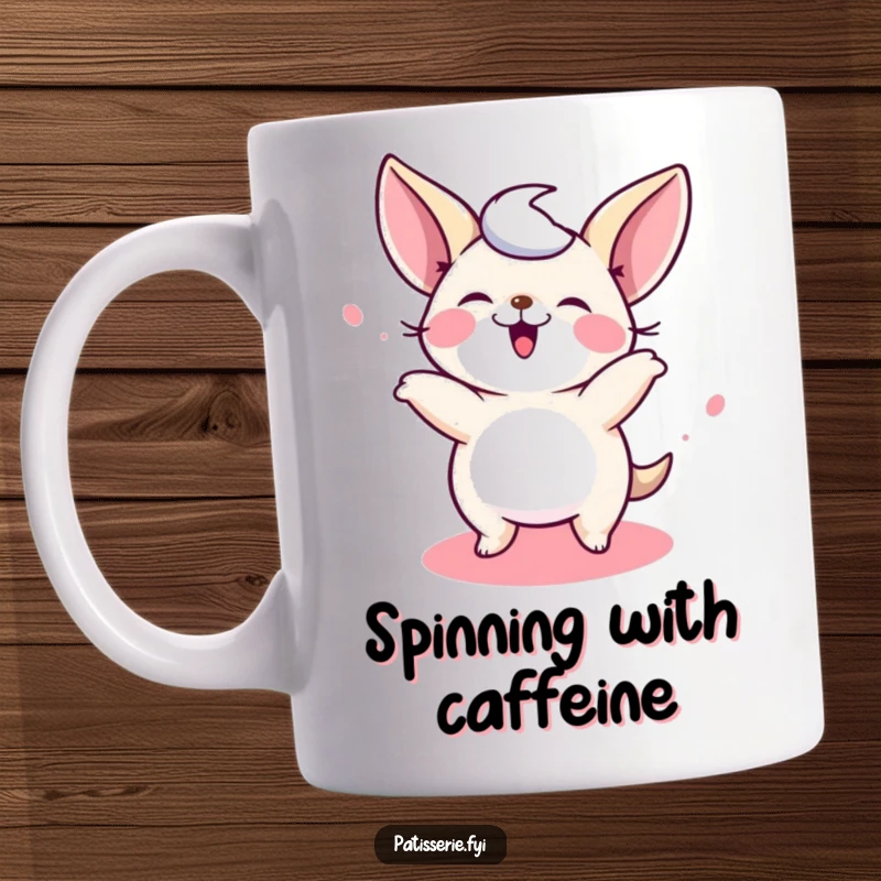 Funny Petit Four Mug featuring a giggling tiny cake spinning joyfully, a delightful and humorous design for a funny gift.