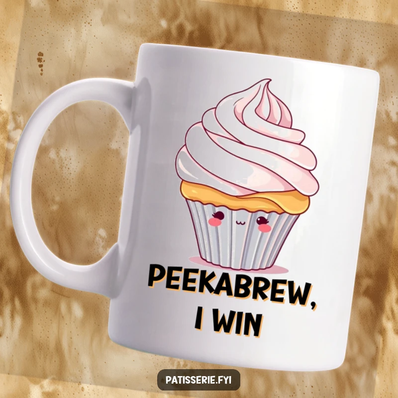 Funny shy cupcake mug featuring a bashful cupcake character peeking out timidly from beneath a voluminous swirl of whipped cream.