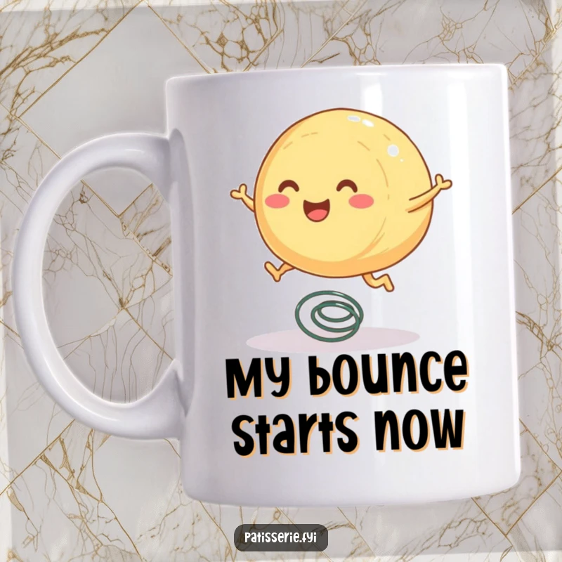 Funny pastry mug featuring a round, smiling pastry character with tiny legs joyfully bouncing on a spring.
