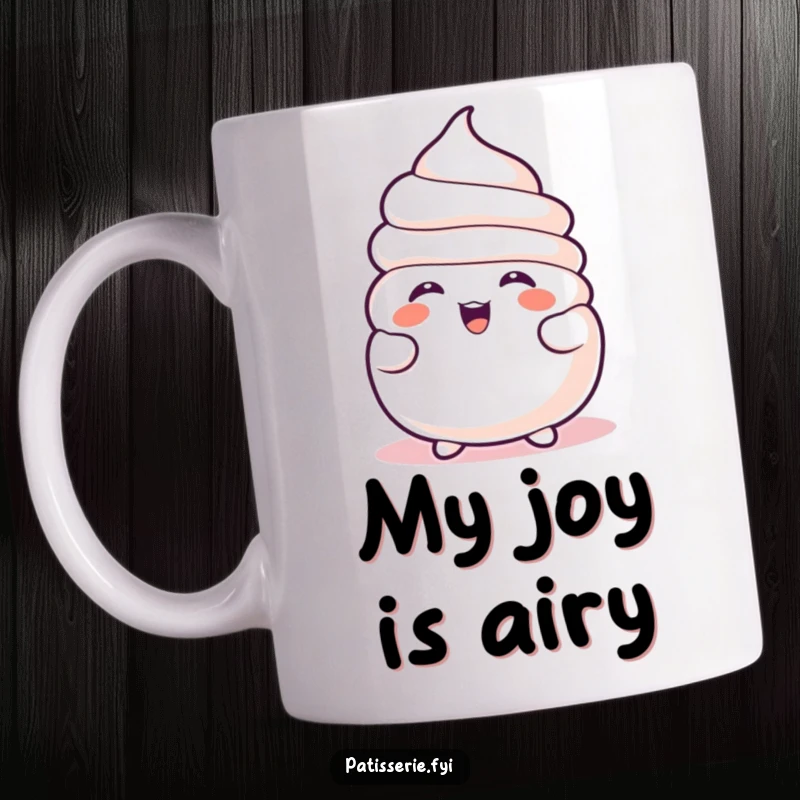 Funny Meringue Mug shows a joyful, slightly deflated meringue character laughing heartily, perfect for a giggle-inducing kitchen accessory.