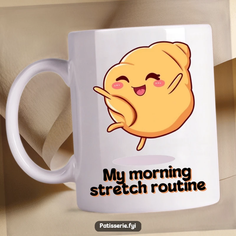 Funny croissant mug showing a cheerful baked good winking and performing a gymnastic cartwheel, bringing joy and humor.
