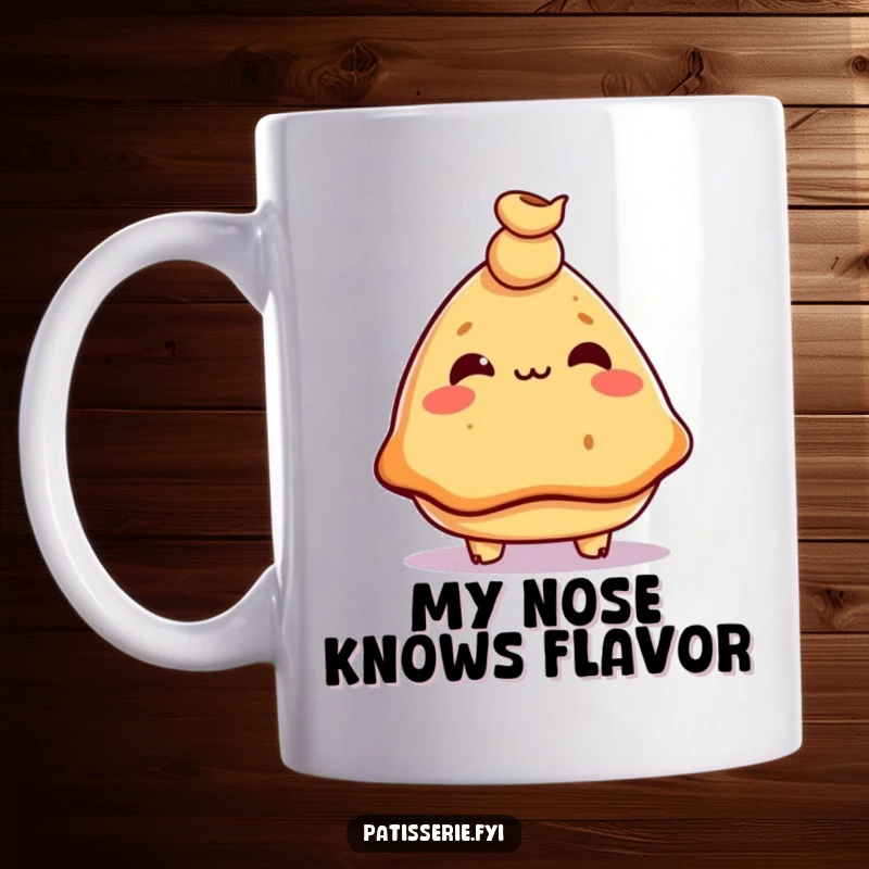 Funny samosa mug with a mischievous expression balancing a tiny chickpea on its nose, showcasing playful Indian snack humor.