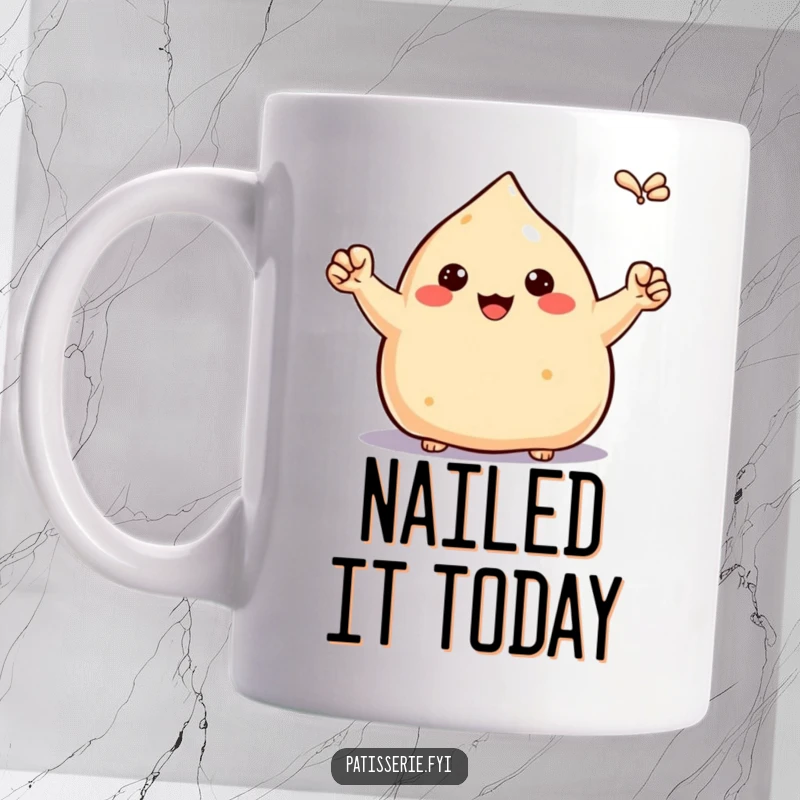 Funny proud samosa mug, pumping tiny fists in the air, celebrating victory, humorous and motivational snack art.