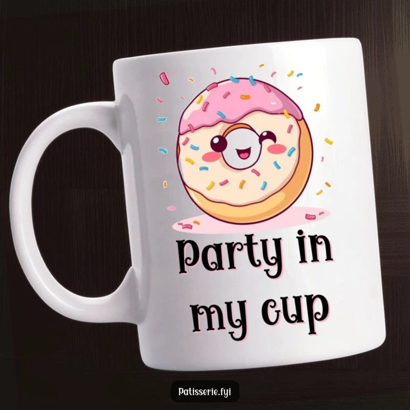 Funny donut mug showing a joyful, sprinkle-covered pastry tossing confetti, symbolizing celebration and happiness.