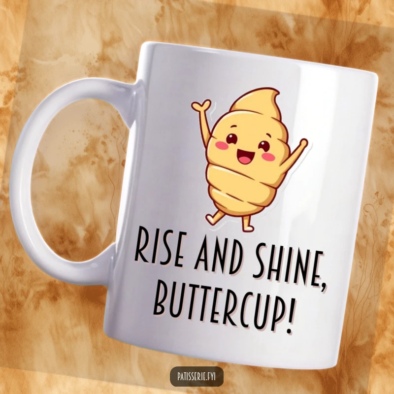 Funny mug showcasing a smiling croissant character enthusiastically jumping with one arm raised in a gesture of pure joy and celebration.