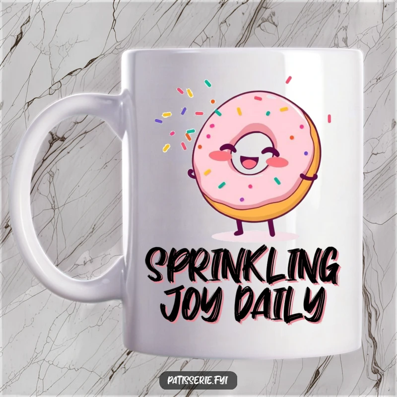 Funny Donut Mug featuring a giggling donut character joyfully spraying colorful sprinkles like confetti, embodying pure celebration.