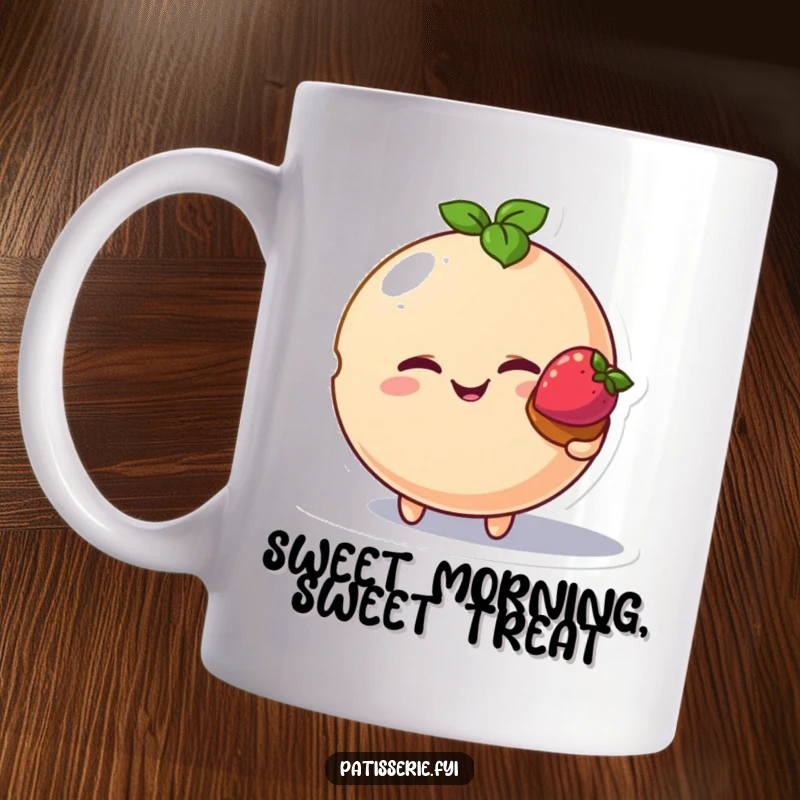 Funny macaron character mug, winking playfully, offering a strawberry tart, sweet treat design, dessert lover gift.