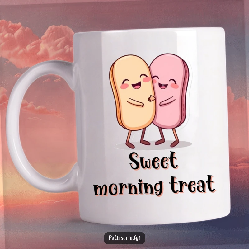 Funny mug featuring a giggling pair of macarons with tiny legs happily hugging each other, radiating pure joy.