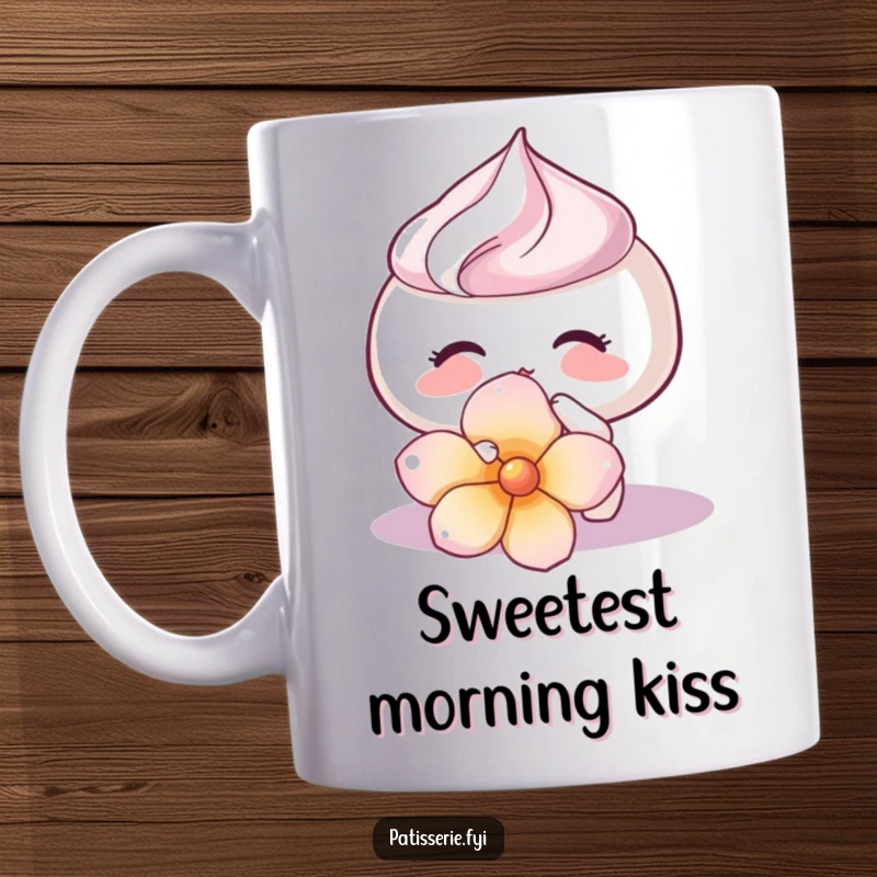 Funny Meringue Kiss Mug depicting a happy meringue softly kissing a flower petal, gentle and humorous art for a funny gift.