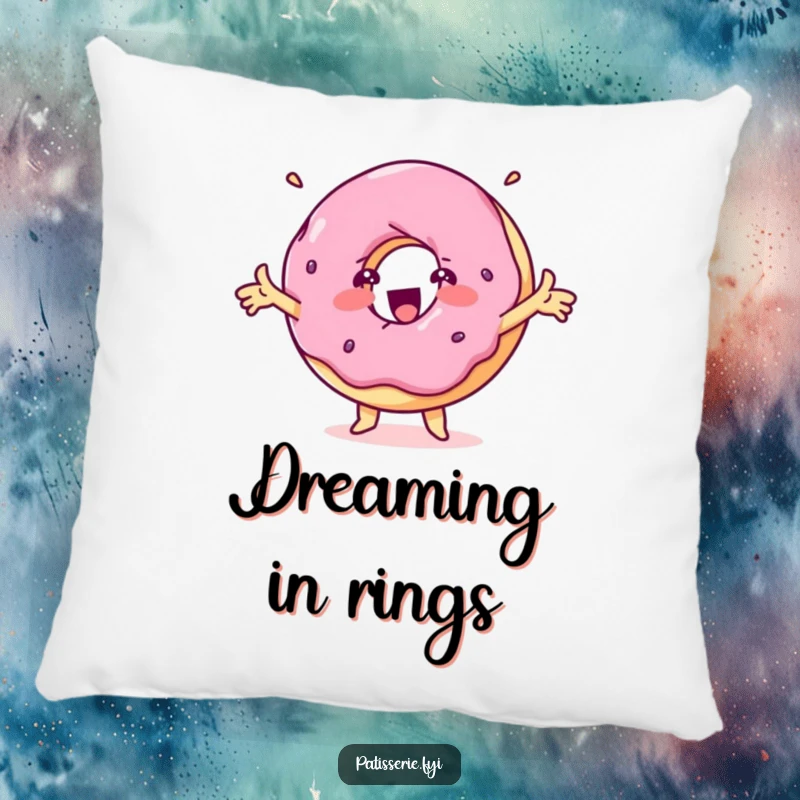 Funny delighted donut pillow with a spinning treat character with outstretched arms, a soft and sweet item.
