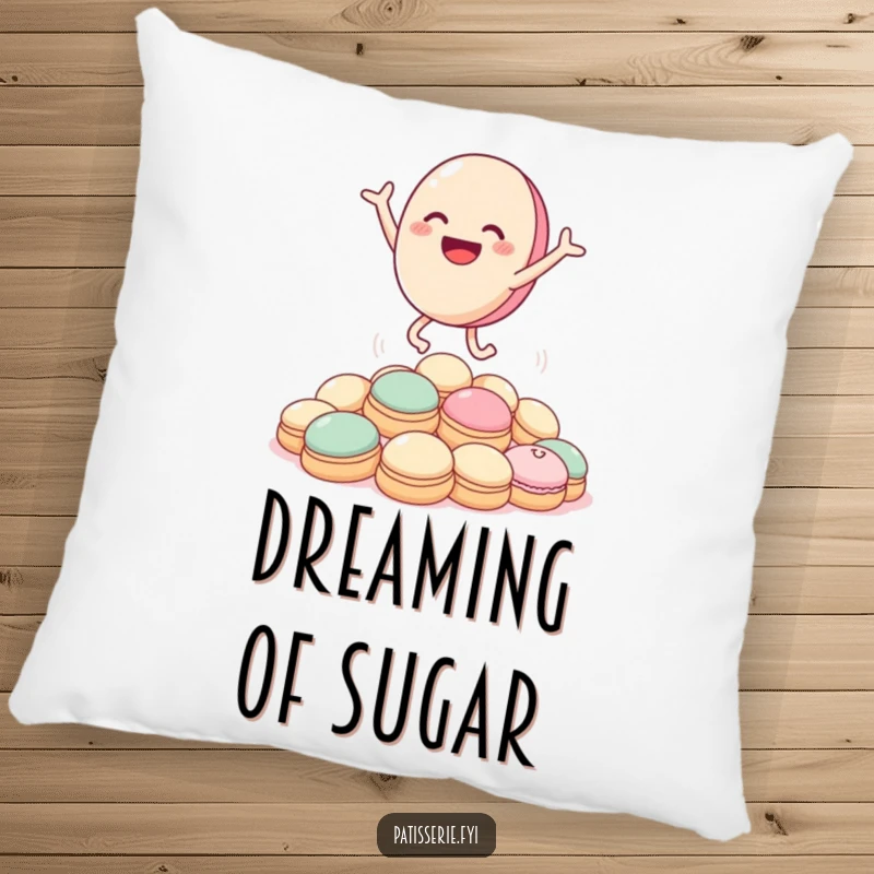 Funny macaron pillow featuring a smiling macaron character joyfully leaping over a cloud of cream puffs, perfect for sweet dreams.