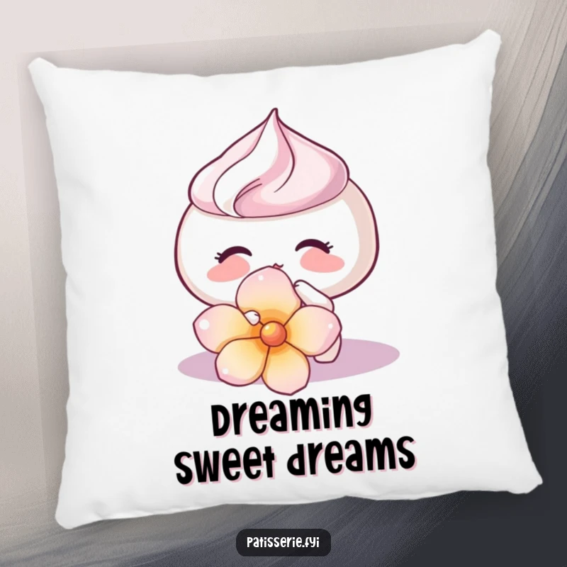 Funny Meringue Kiss Pillow featuring a cute meringue kissing a flower petal, providing comfort and a funny gift.