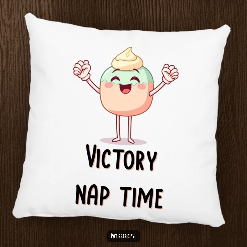 Funny pillow featuring a happy cake pop character with legs, mid-fist pump, radiating success and comfort, perfect for lounging.