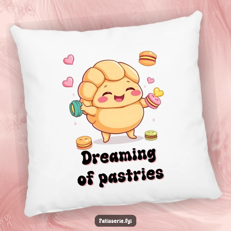 Funny Croissant Pillow with a plump croissant character giggling and juggling macarons, ideal for comfort and humor.