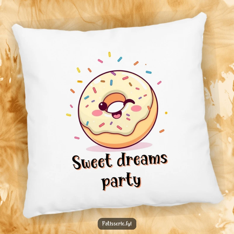 Funny decorative pillow featuring a happy donut with sprinkles joyfully throwing confetti, perfect for adding comfort and cheer.