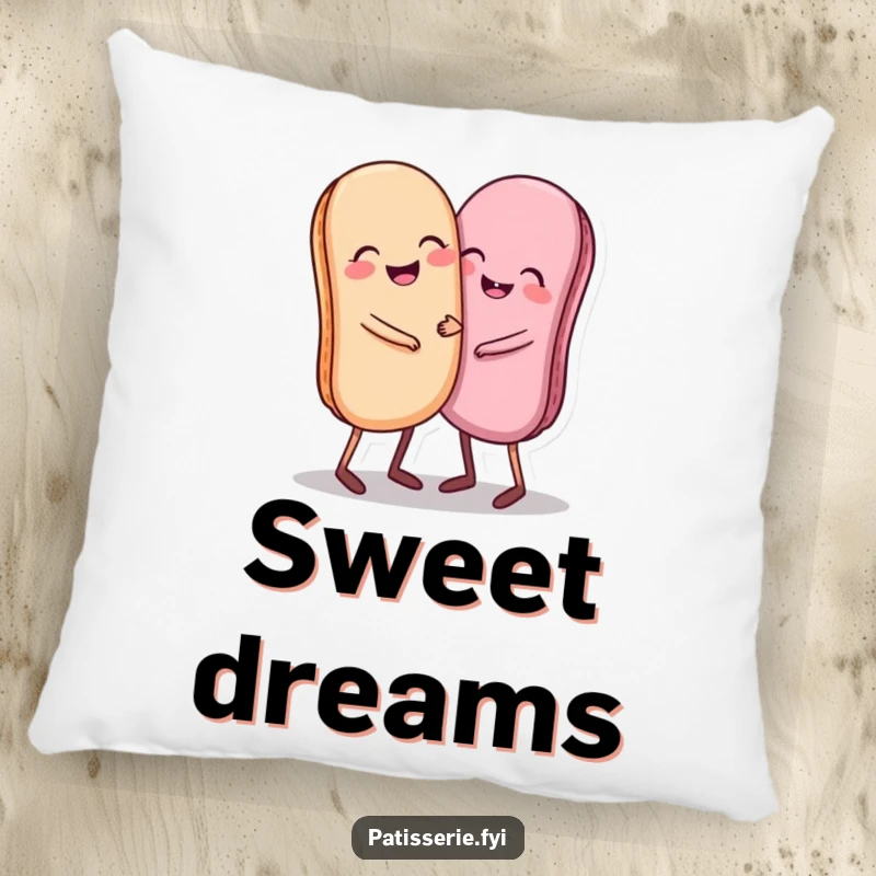 Funny pillow showing a giggling pair of macarons with small legs hugging, perfect for adding soft charm.