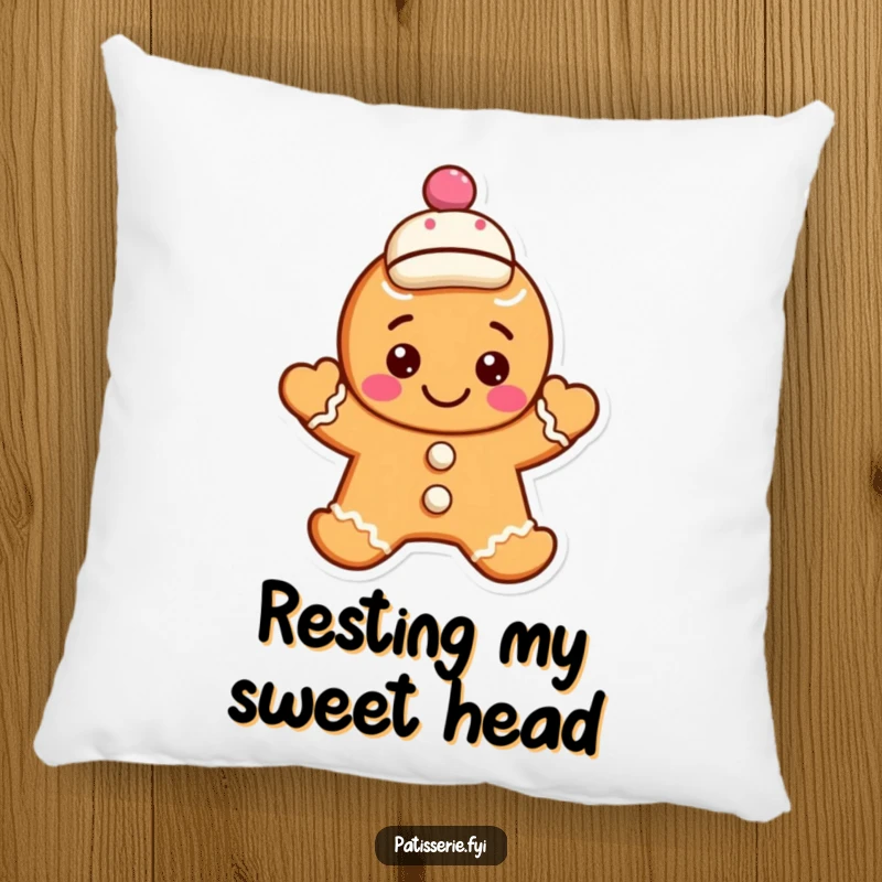 Funny gingerbread cookie pillow featuring a smiling character waving hello, wearing a jaunty cap, for comfortable and humorous decor.