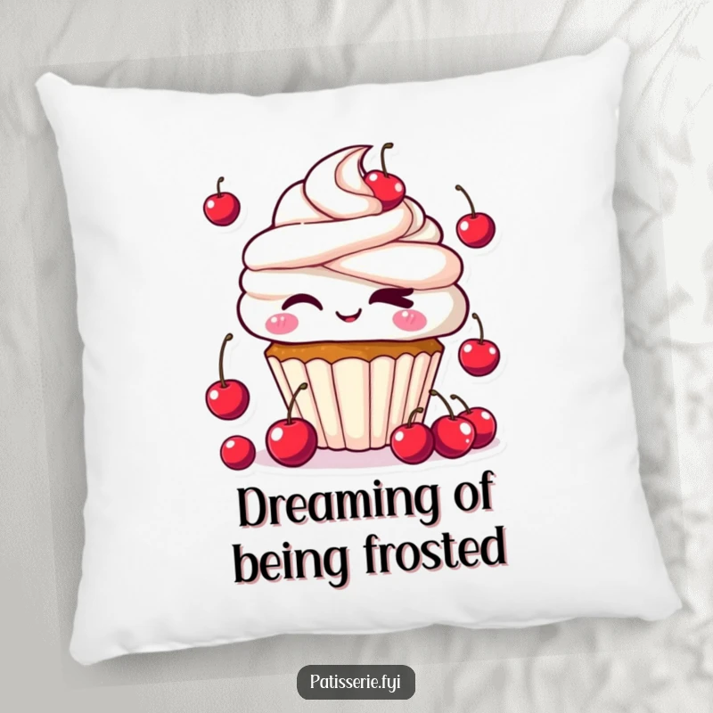 Funny Kawaii Cupcake Pillow with a cute cupcake winking and juggling cherries, adding comfort and a sprinkle of playful charm to any space.