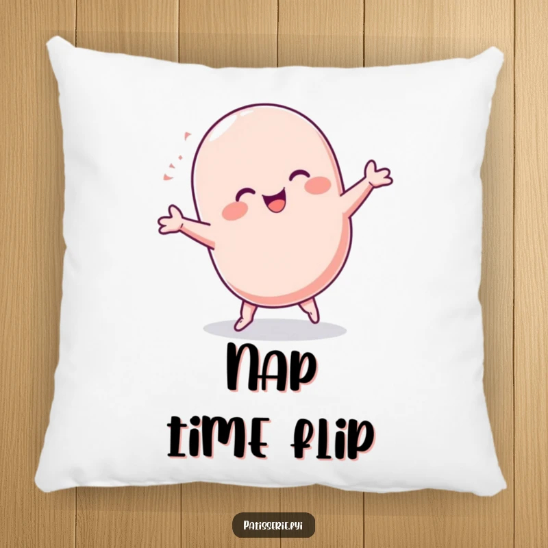 Funny Macaron Pillow: A plump, ecstatic macaron character doing a celebratory cartwheel, offering soft comfort and a generous serving of sweet, baked happiness.