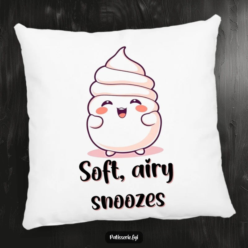Funny Meringue Pillow showcases a happy, deflated meringue character mid-laugh, bringing humorous comfort and charm to any seating area.