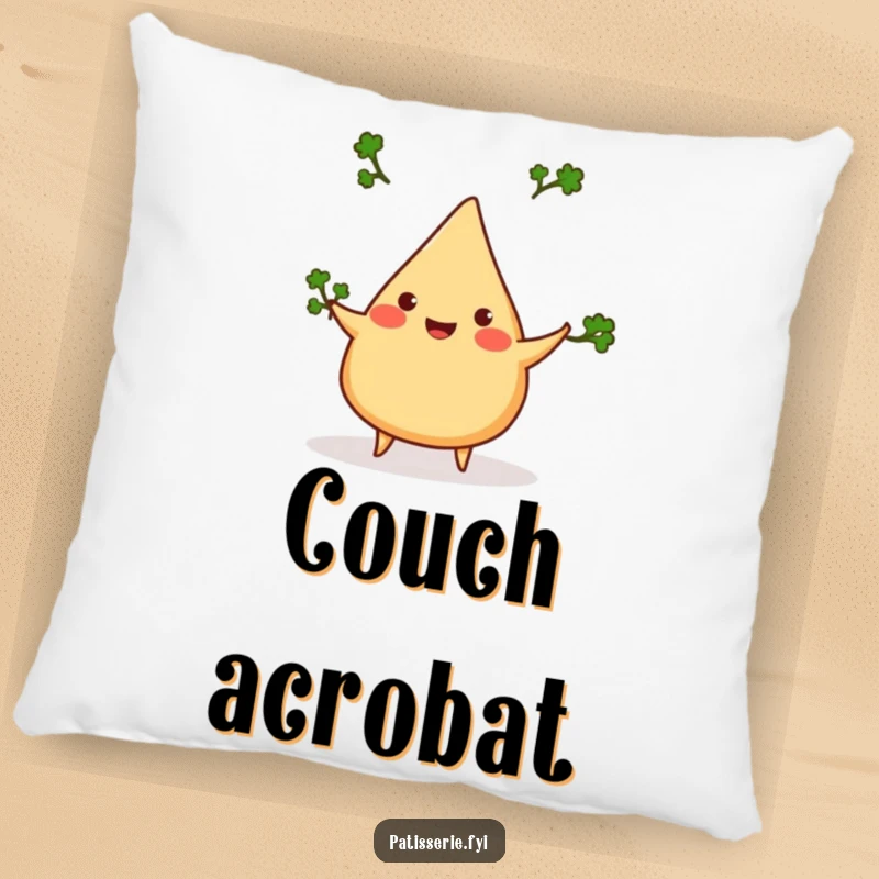 Funny samosa pillow, cheerful, juggling three tiny cilantro sprigs, soft and humorous cushion, great gift.
