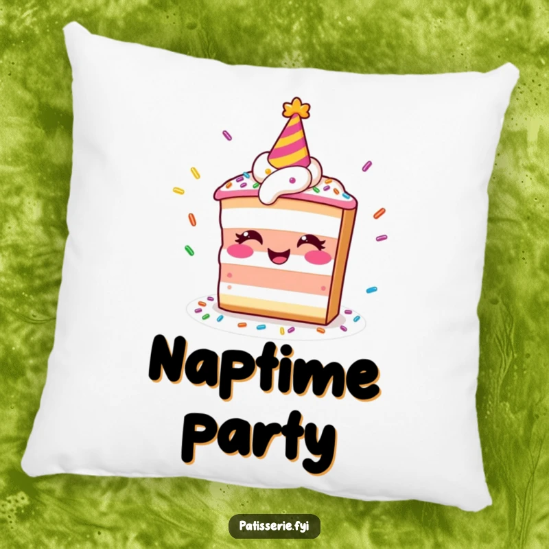 Funny pillow showing a smiling slice of cake in a party hat juggling sprinkles, offering cozy celebration.