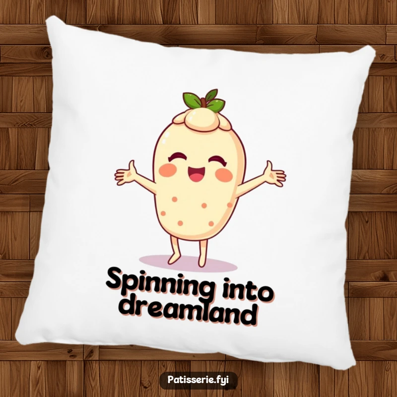 Funny pillow featuring a giggling tart character doing a silly dance with arms spinning, adding a touch of dessert charm.