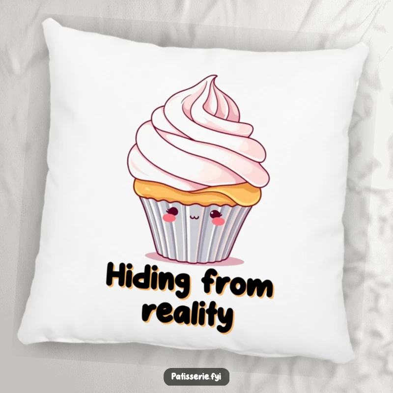 Funny shy cupcake pillow featuring a bashful cupcake character peeking from under a giant whipped cream swirl, soft and sweet.