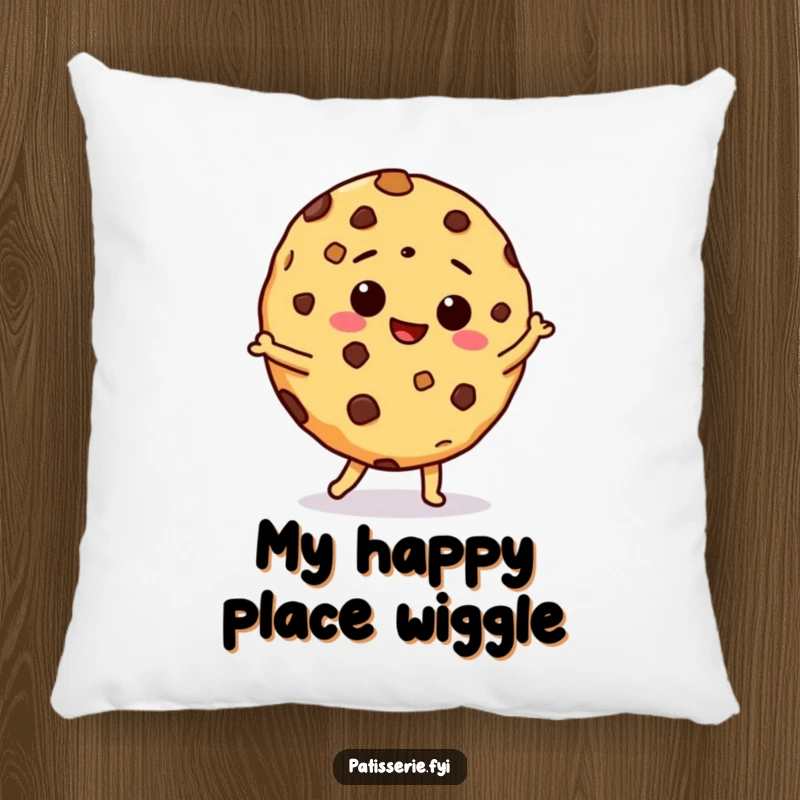 Funny pillow with a giddy chocolate chip cookie performing a hilarious silly dance, perfect for adding a touch of humor to any couch.