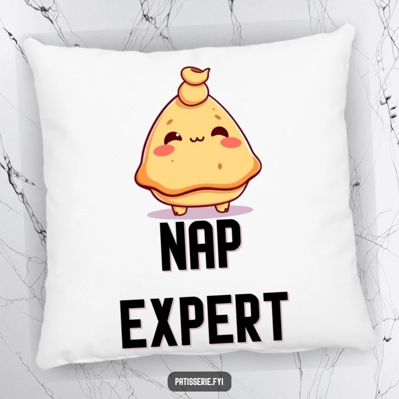 Funny samosa pillow, mischievous, balancing a chickpea on its nose, soft and humorous decor, great gift.