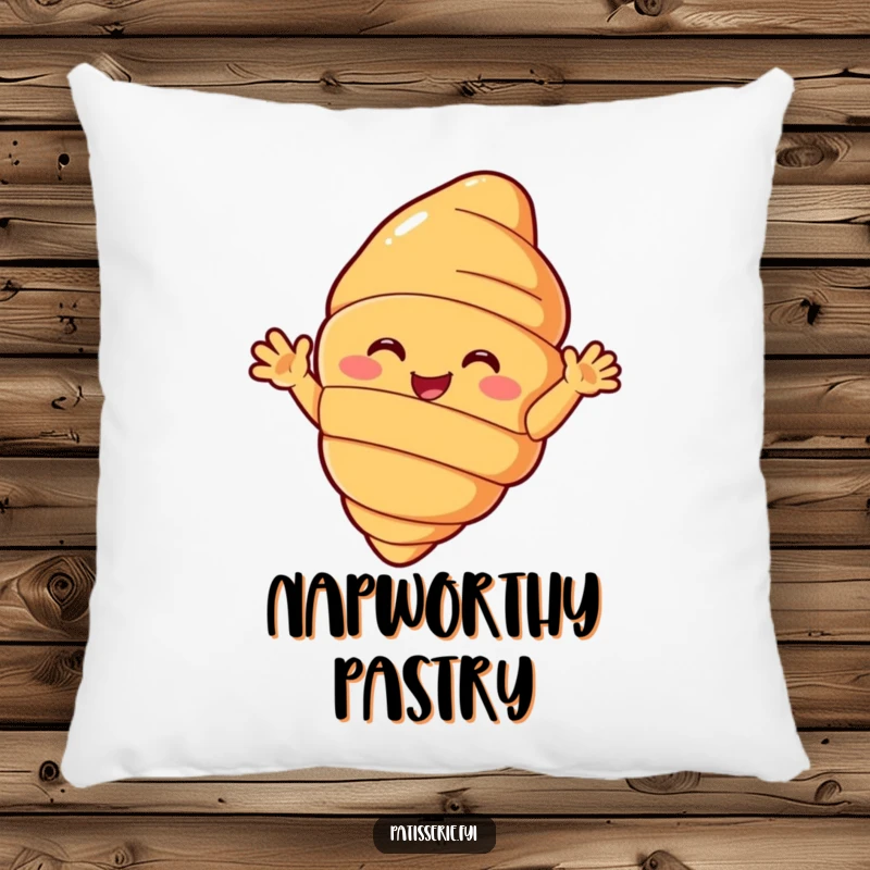 Funny croissant pillow with a happily beaming pastry character waving hello with its small arms, a soft and humorous decorative item.