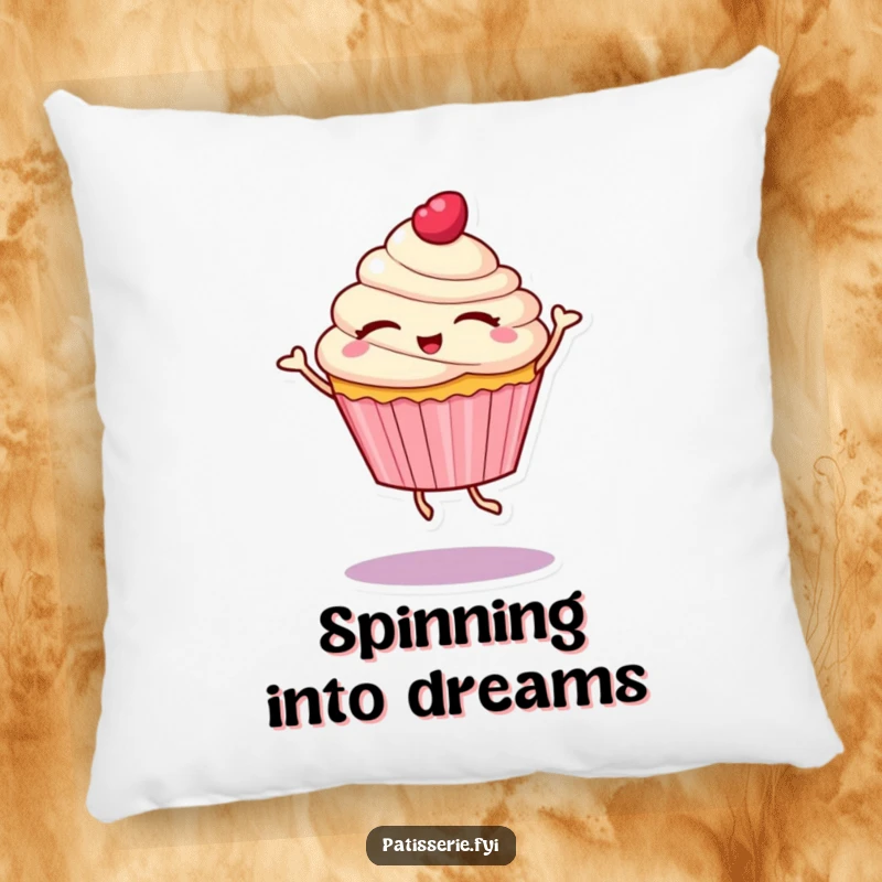Funny pillow with a cupcake character with eyes closed, spinning in a delightful dance, adding comfort and a splash of sweet joy.