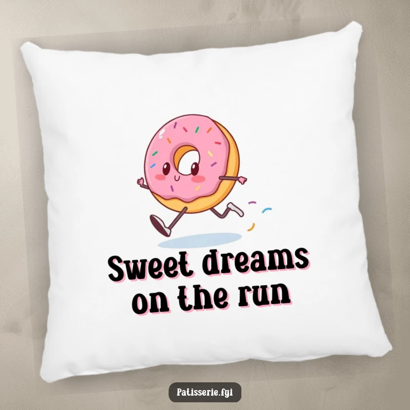 Funny Donut Pillow: A happy donut runs fast, leaving sprinkles, offering comfort and funny charm.