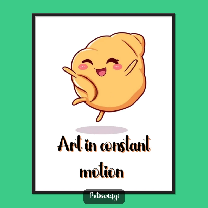 Instantly download and print this charming digital art of a croissant winking and doing a cartwheel. A burst of fun for your walls!