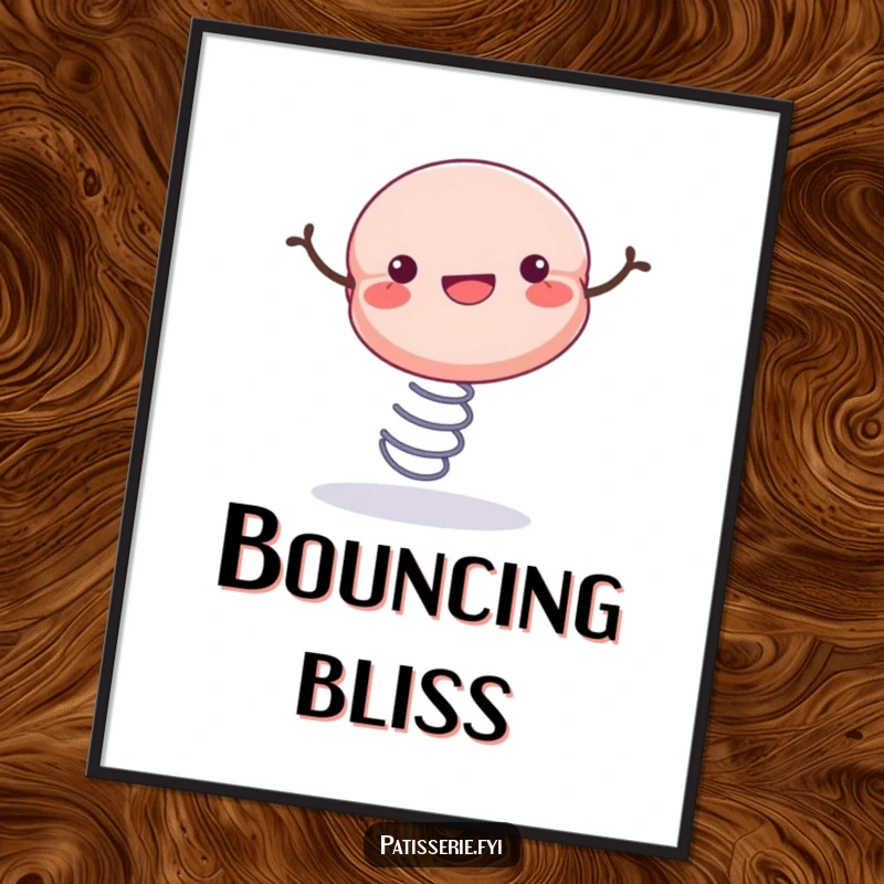 Funny, high-resolution digital art print of a cheerful macaron bouncing enthusiastically on a spring.