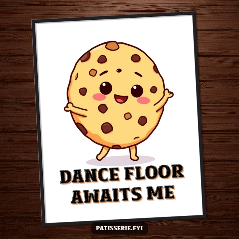 Funny digital art print of a giddy chocolate chip cookie doing a hilarious silly dance, perfect for instant joyful wall decor.