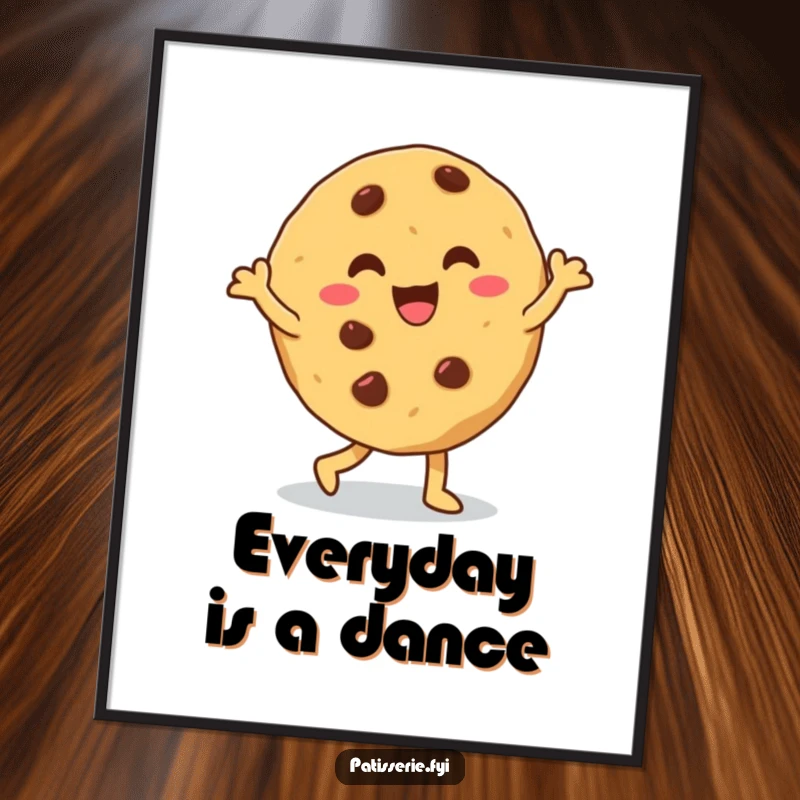 Funny cookie digital art print showing a giddy, chocolate chip cookie doing a silly dance, delivering instant fun.