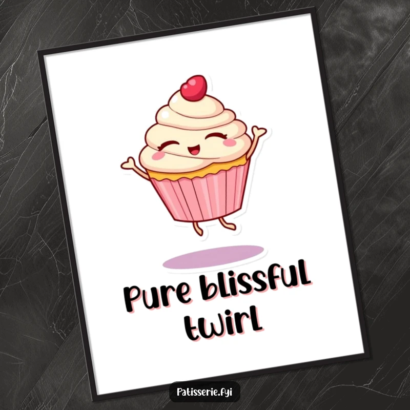 Funny digital art print of a cupcake character with eyes closed, spinning in a delightful dance, capturing sweet movement and pure joy.