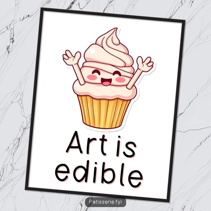 Funny Cupcake Digital Art: A smiling cupcake dramatically flings frosting, a vibrant and funny piece.