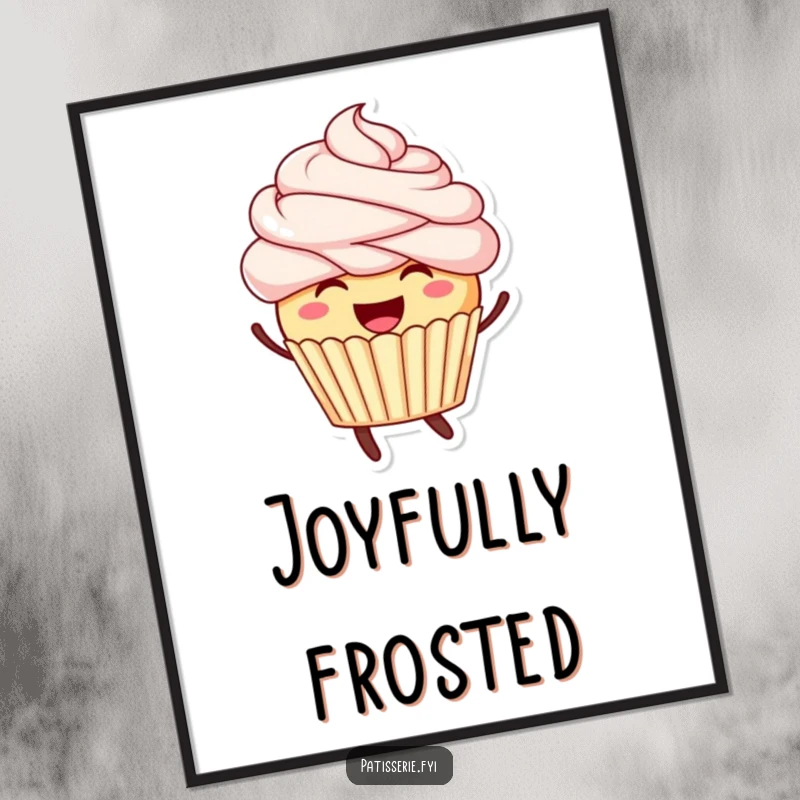 Funny, high-resolution digital art print of a smiling cupcake with frosting hair in a joyful leap.