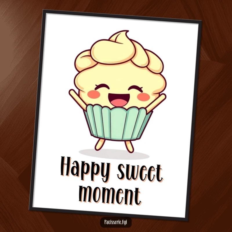 Funny cupcake digital art print of a smiling cupcake with frosting hair joyfully leaping.