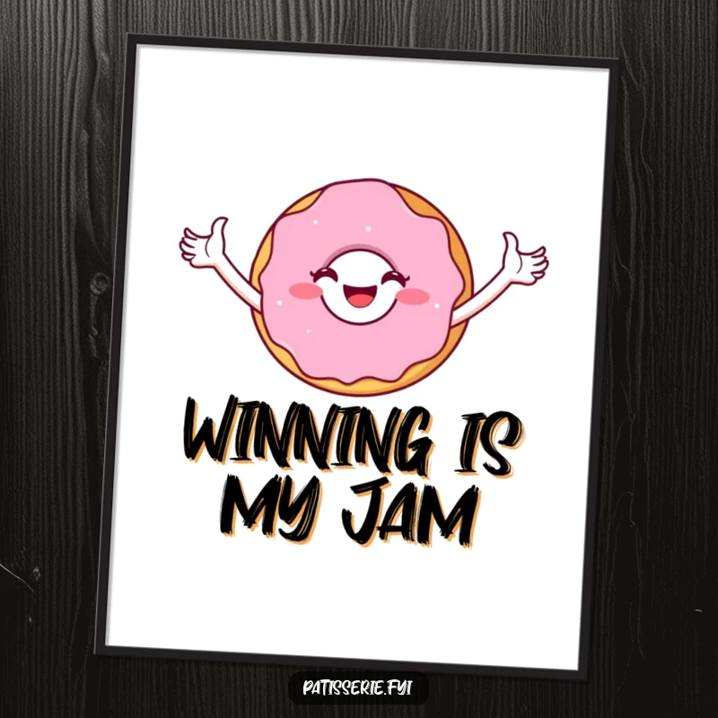 Funny Digital Art Print: A joyful donut character in a triumphant stance, celebrating victory and sweet success for your display.