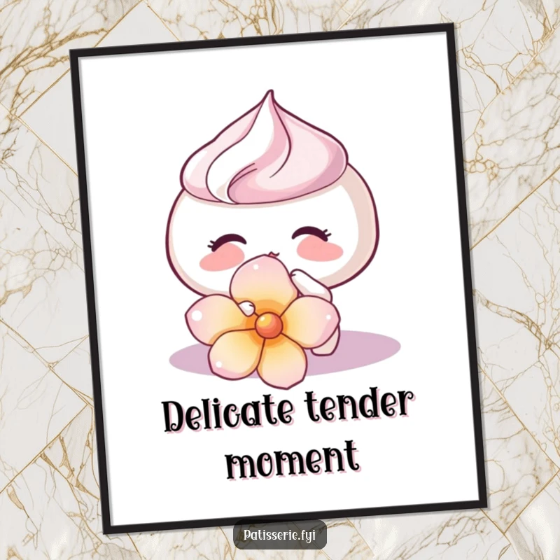 Funny Meringue Kiss Digital Art Print of a happy meringue kissing a flower petal, delicate and humorous wall art for a funny gift.